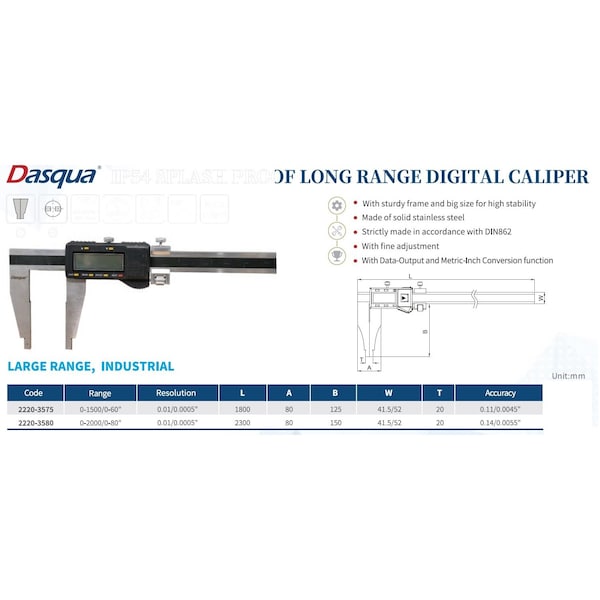 H & H Industrial Products Dasqua 0-1500mm/0-60" 150mm Jaw Heavy Duty Digital Caliper W/Fine Adj 2220-3575 - main